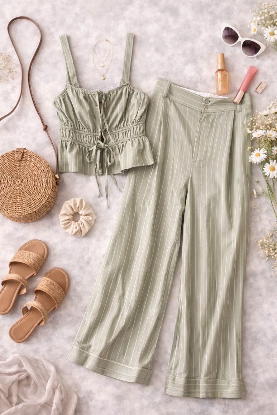 NWT Camila Coelho Women's Pinstripe Tie Front Cami & Wide Leg Pants Set Green M